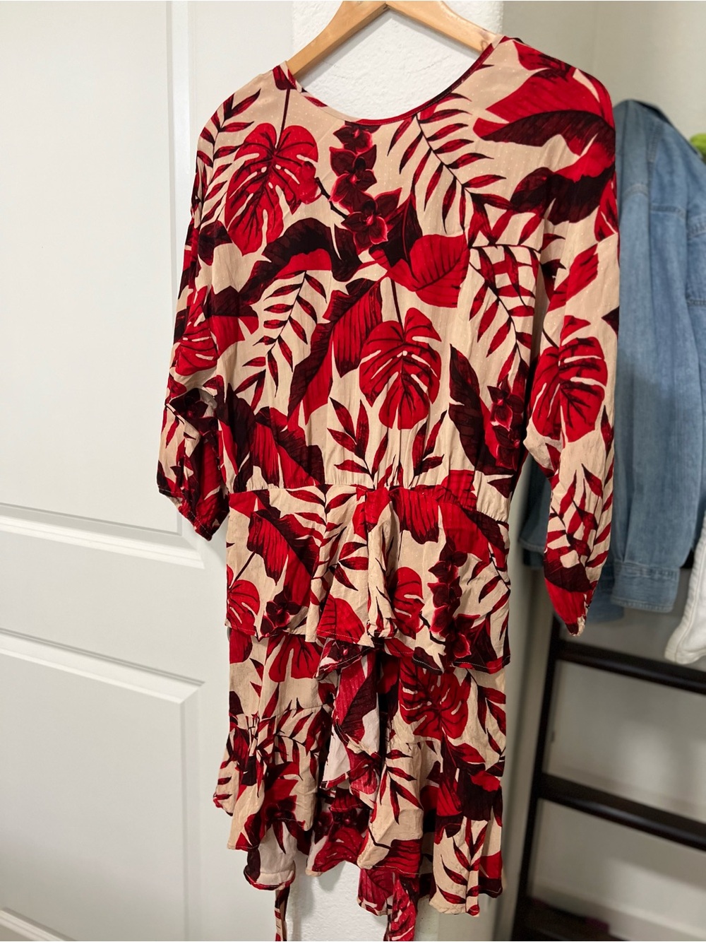 H&M X Johanna Ortiz Red Tropical Leaf Print Mini Dress - Picture 10 of 12